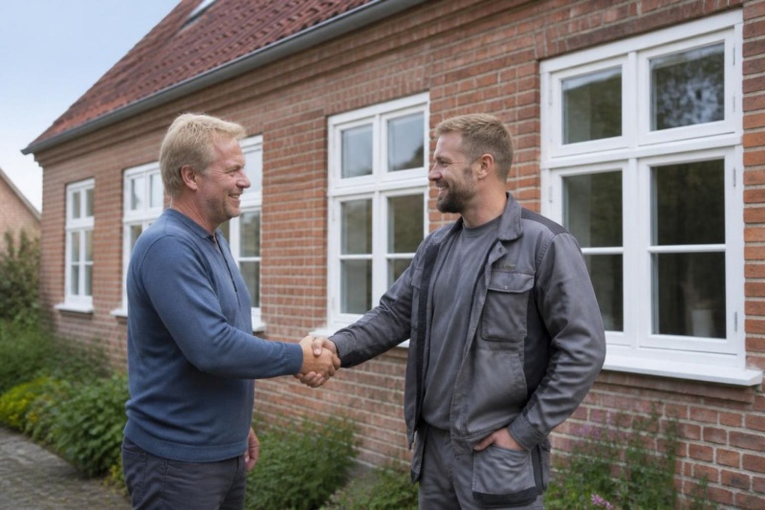 Smilende husejer og håndværker giver hånd foran et rødt murstenshus med nye hvide vinduer